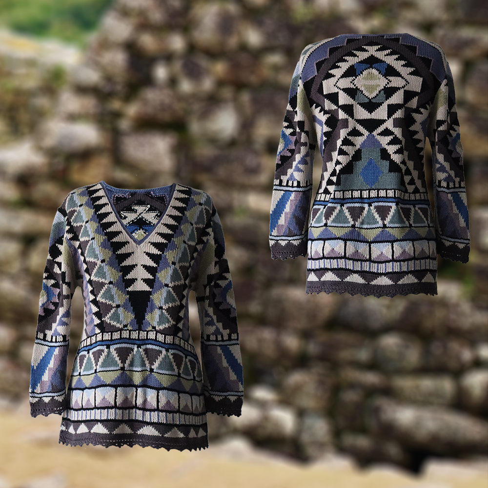 Women's Cotton Sweater | Hand-Knitted Pullover | Multicolor Intarsia Graphic Design. Made in Peru by PFL knitwear