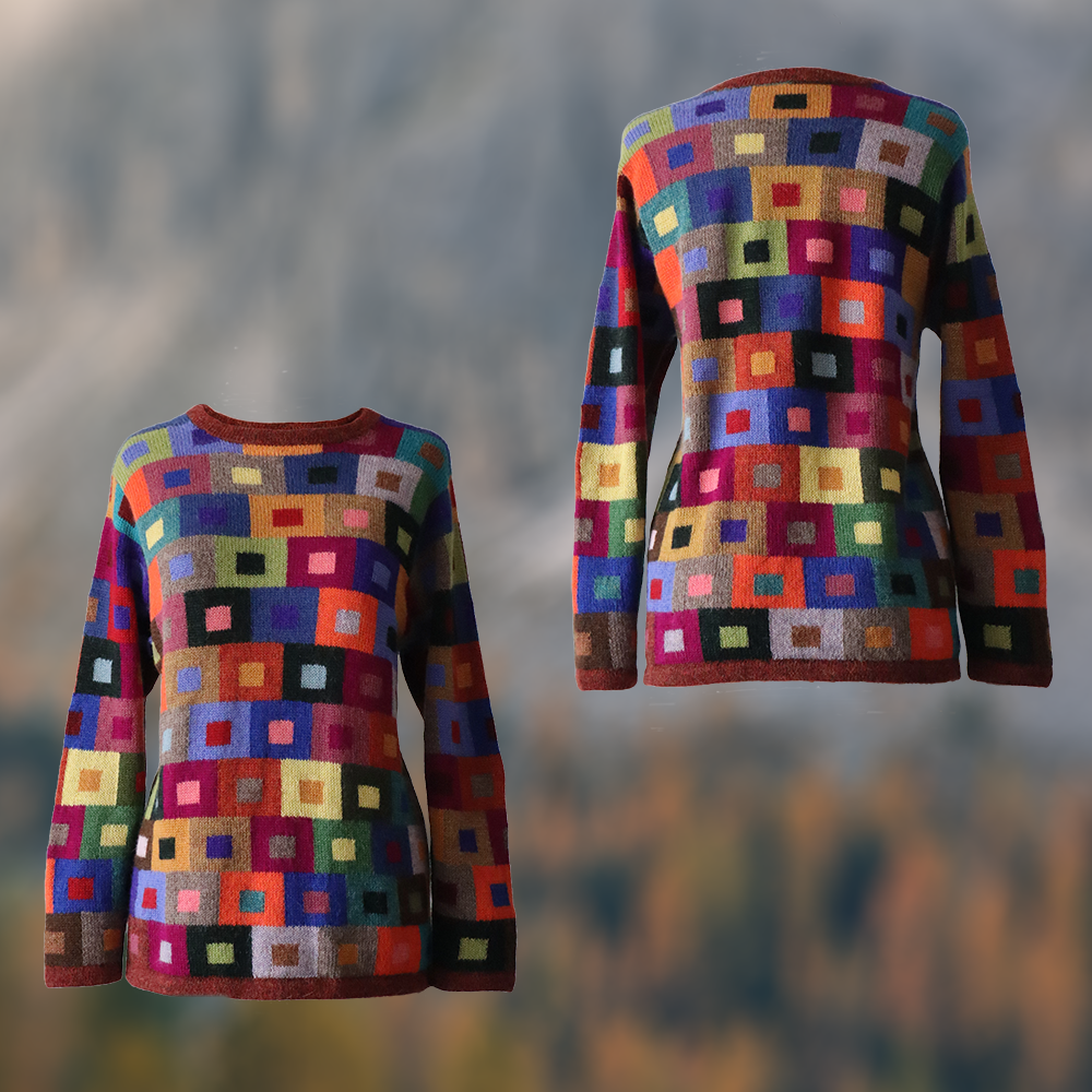 Women's sweater intarsia hand knitted, 100% alpaca multi color Made in Peru by PFL knitwear