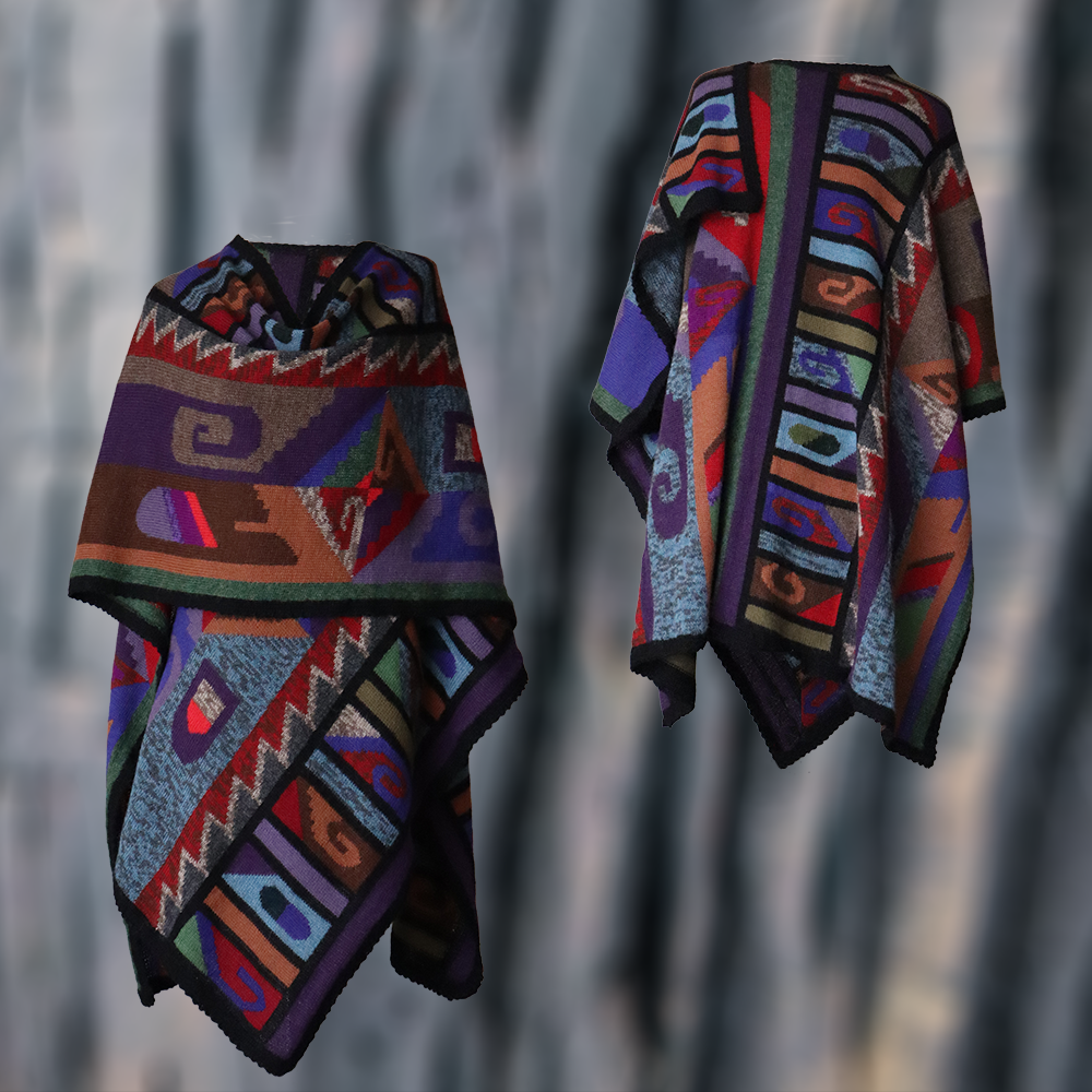 Alpaca Ruana Wrap with Colorful Intarsia Pattern, hand knitted. Made in Peru by PFL knitwear