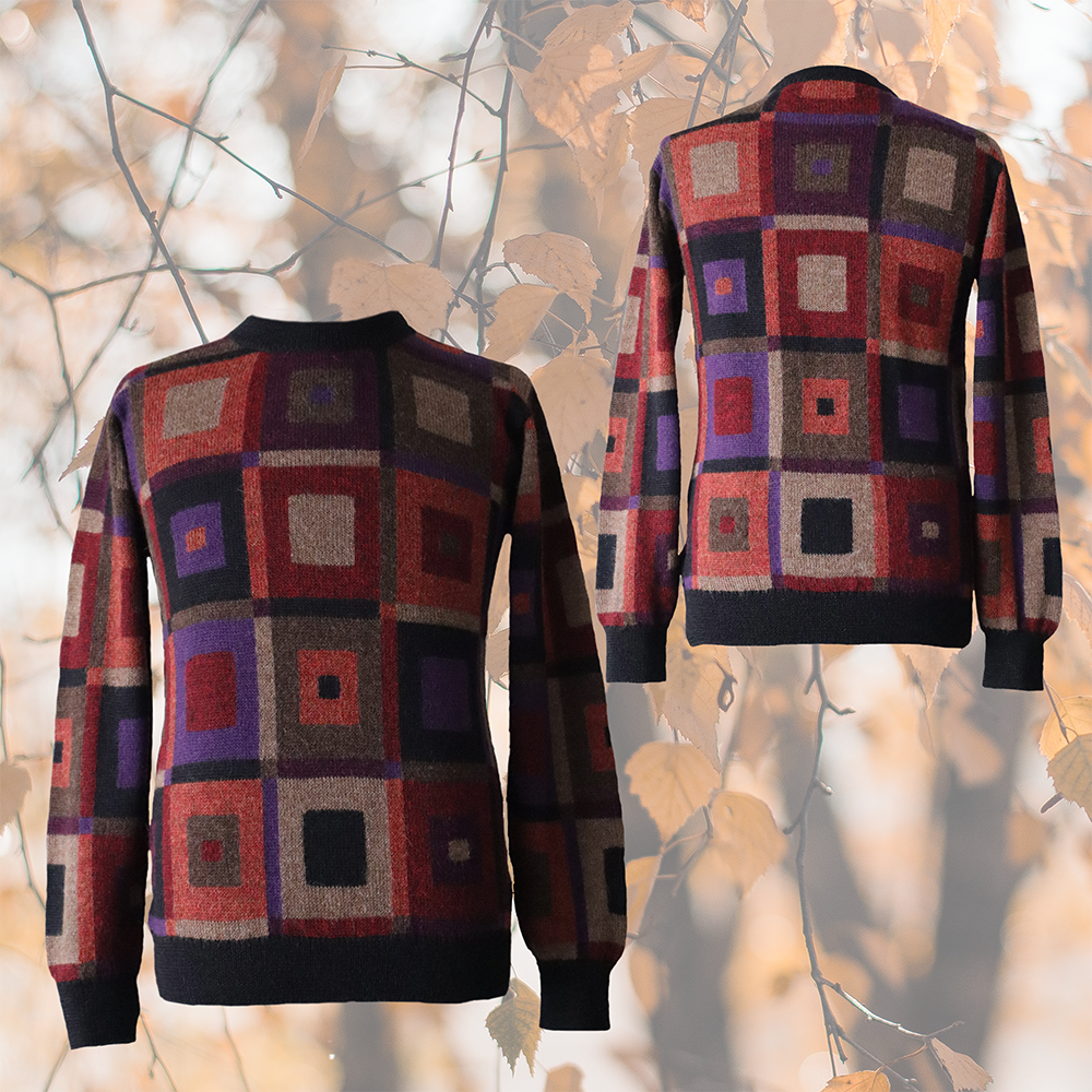 Men's alpaca sweater multicolor Intarsia knitted with geometric pattern. made by PFL-Knitwear