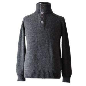 Men baby alpaca sweater with high collar and quarter button closure. made in Peru by PFL knitwear