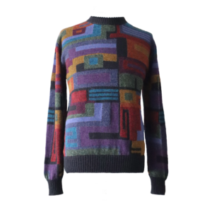 Men's alpaca sweater multicolor Intarsia knitted with geometric pattern. made by PFL-Knitwear