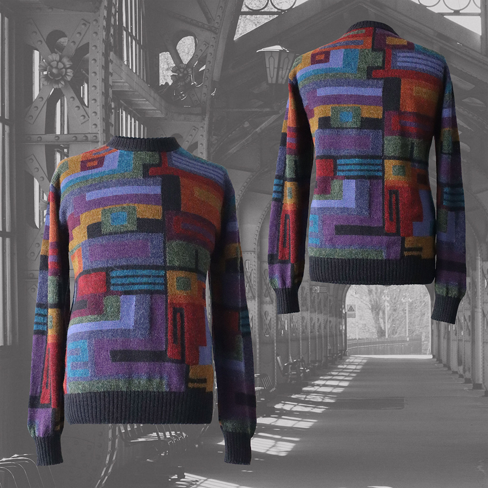 Men's alpaca sweater multicolor Intarsia knitted with geometric pattern. made by PFL-Knitwear