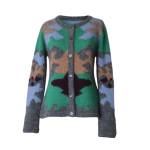 pflknitwear.com/b2b/ Women's Suri Alpaca Intarsia Cardigan "Mariam" Hand-Knitted Multi-Color Luxury Knitwear.