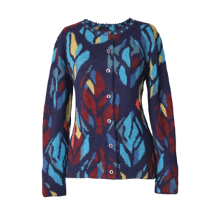 pflknitwear.com B2B Women's alpaca cardigan Tulipan, multi color, Intarsia knitted with modern flower pattern.