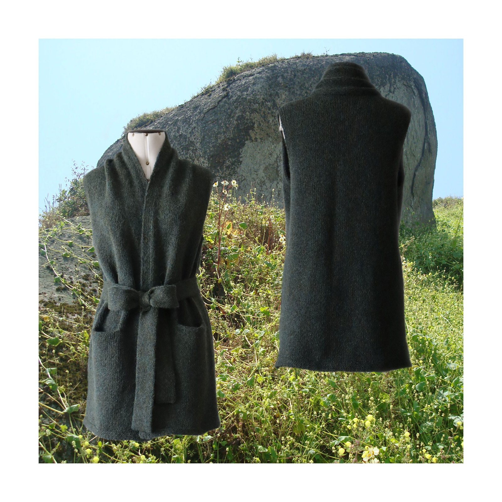 pfl knitwear women's waist coat with belt, felted alpaca blend