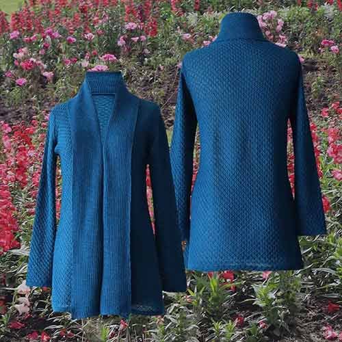 Shawl collar cardigan, 100% luxury Royal alpaca, with honeycomb pattern, color blue