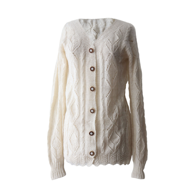 PFL knitwear Women's cardigan alpaca rustic 100%, alpaca vest hand knitted with button closure. cream white, natural color