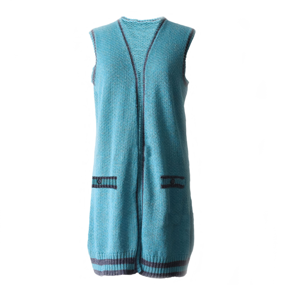 PFL knitwear Women's waist coat baby alpaca - linen blend in blue shades, sleeveless cardigan. PFL knitwear Women's waist coat baby alpaca - linen blend in blue shades, sleeveless cardigan.