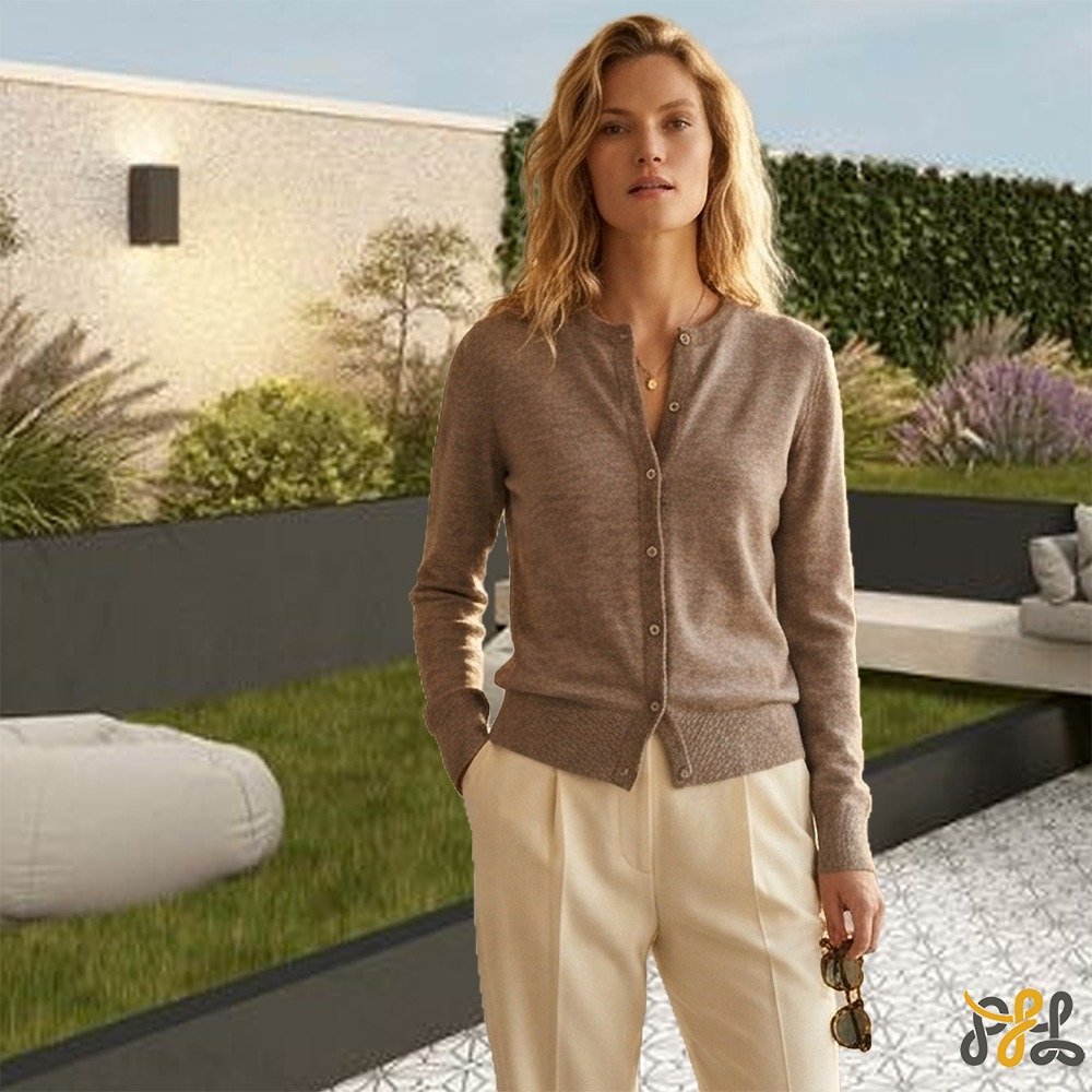 Cardigan baby alpaca, vest with button closure and crew neck color taupe. made in Peru by PFL knitwear