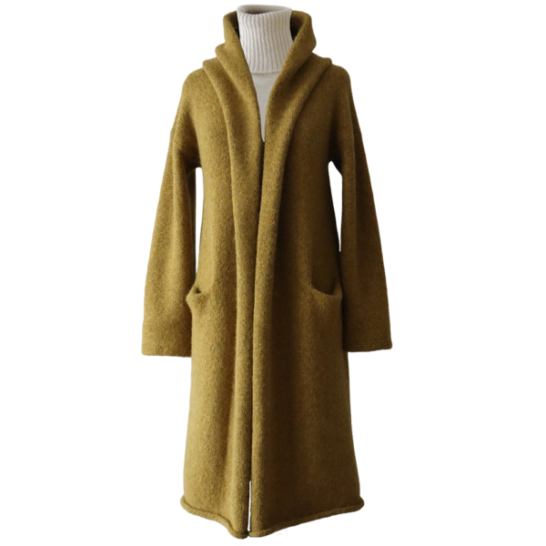 PFL knitwear Capote Coat alpaca, felted yellow green mélange, alpaca blend.