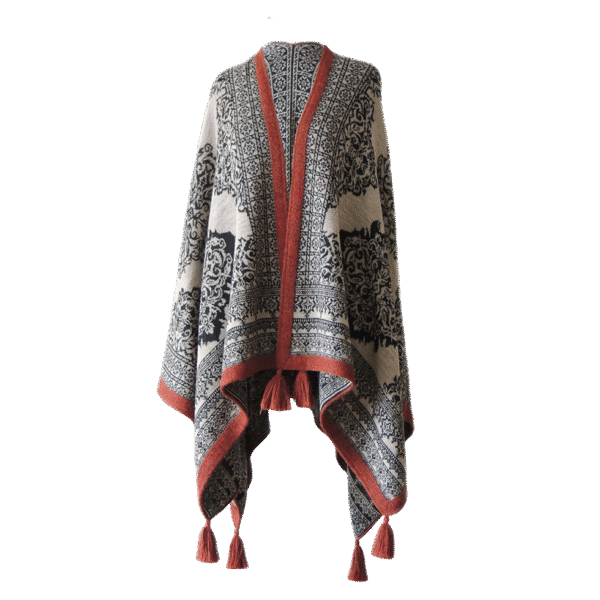 pflknitwear.com Ruana / wrap reversible, baby alpaca, jacquard knitted pattern, with tassels.