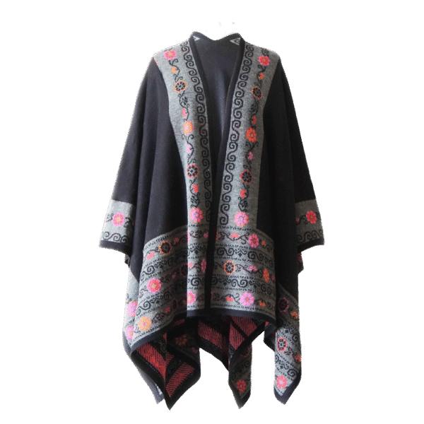 pflknitwear.com Ruana / wrap, baby alpaca, jacquard knitted with embroidered floral pattern.
