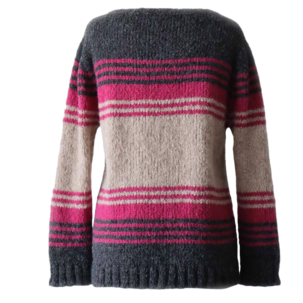 pflknitwear.com Women's sweater made from an alpaca blend yarn, with a soft brushed texture and a stripe design featuring three different colors.