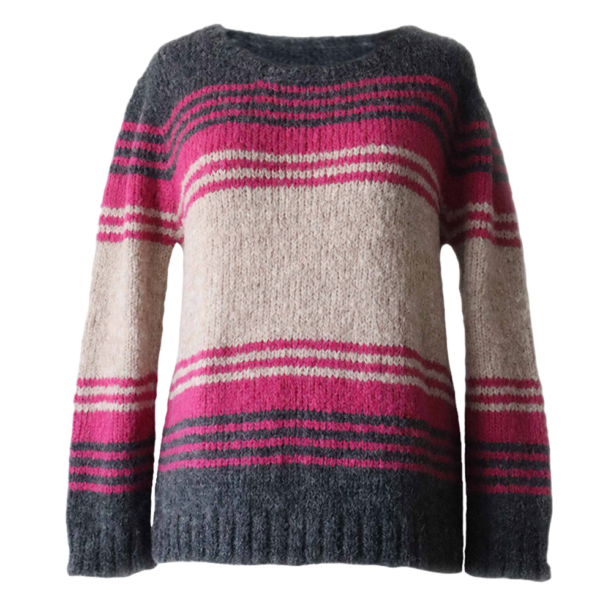 pflknitwear.com Women's sweater made from an alpaca blend yarn, with a soft brushed texture and a stripe design featuring three different colors.