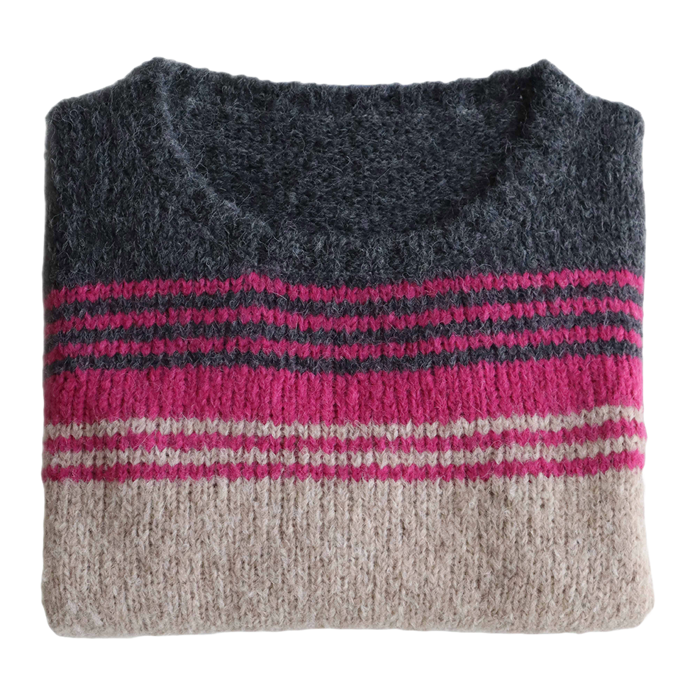 pflknitwear.com Women's sweater made from an alpaca blend yarn, with a soft brushed texture and a stripe design featuring three different colors.
