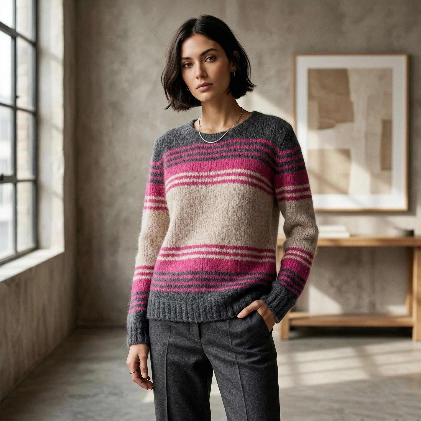 Women's alpaca pullover / sweater, soft brushed texture alpaca blend, crew neck. Made in Peru by PFL knitwear