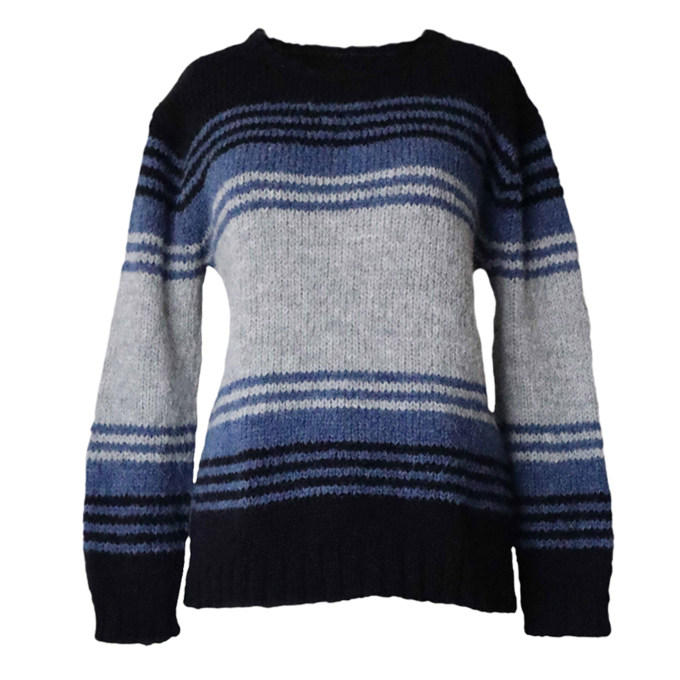 pflknitwear.com Women's sweater made from an alpaca blend yarn, with a soft brushed texture and a stripe design featuring three different colors. pflknitwear.com Women's sweater made from an alpaca blend yarn, with a soft brushed texture and a stripe design featuring three different colors.