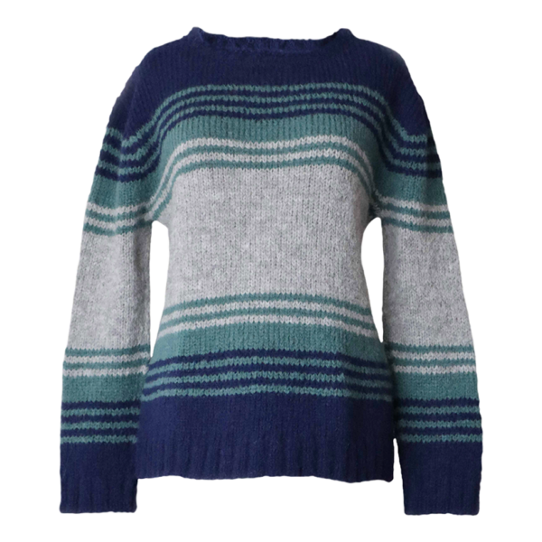 pflknitwear.com Women's sweater made from an alpaca blend yarn, with a soft brushed texture and a stripe design featuring three different colors.