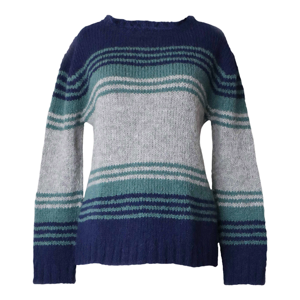 pflknitwear.com Women's sweater made from an alpaca blend yarn, with a soft brushed texture and a stripe design featuring three different colors. pflknitwear.com Women's sweater made from an alpaca blend yarn, with a soft brushed texture and a stripe design featuring three different colors.