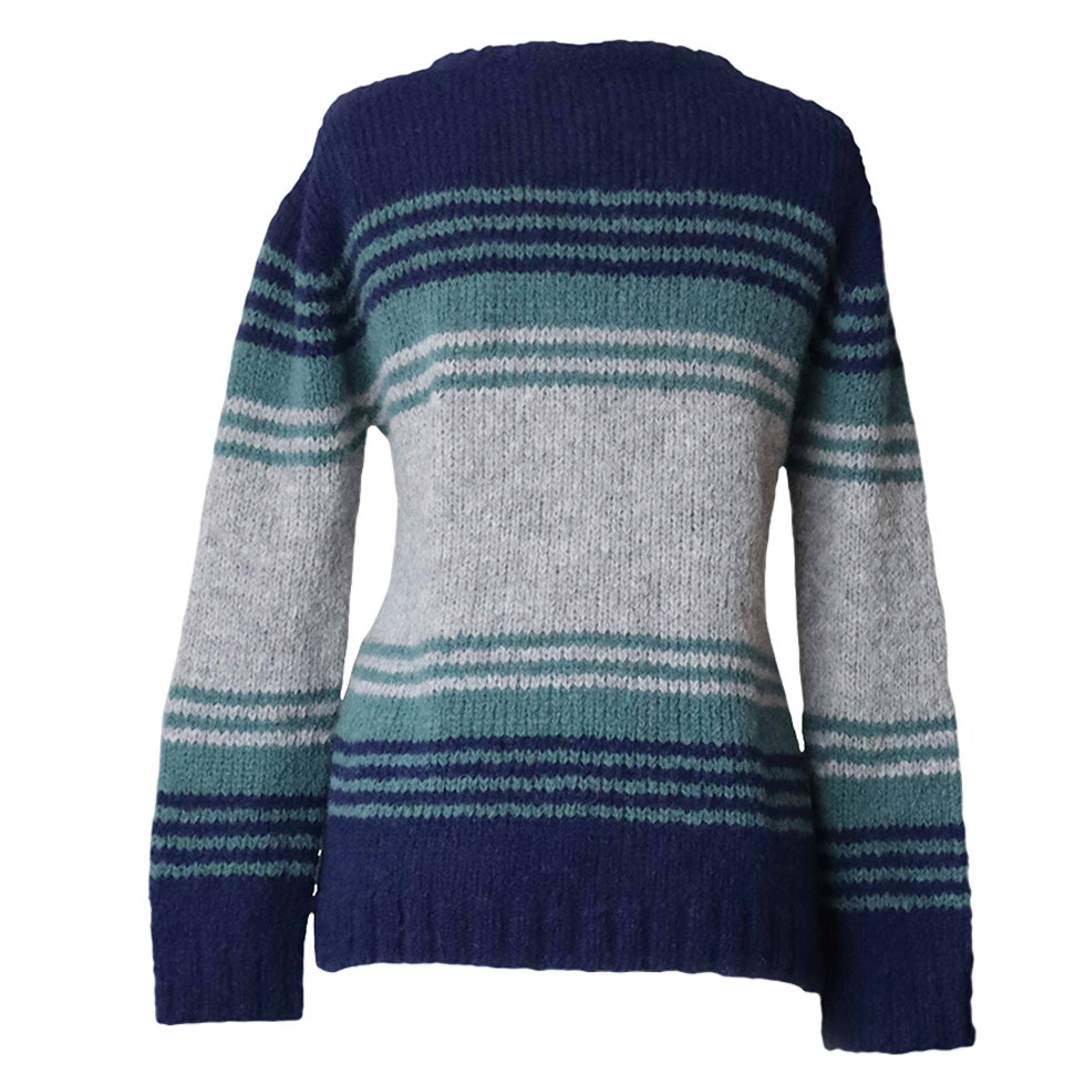 pflknitwear.com Women's sweater made from an alpaca blend yarn, with a soft brushed texture and a stripe design featuring three different colors. pflknitwear.com Women's sweater made from an alpaca blend yarn, with a soft brushed texture and a stripe design featuring three different colors.