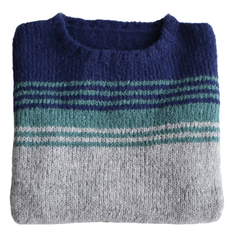 pflknitwear.com Women's sweater made from an alpaca blend yarn, with a soft brushed texture and a stripe design featuring three different colors. pflknitwear.com Women's sweater made from an alpaca blend yarn, with a soft brushed texture and a stripe design featuring three different colors.
