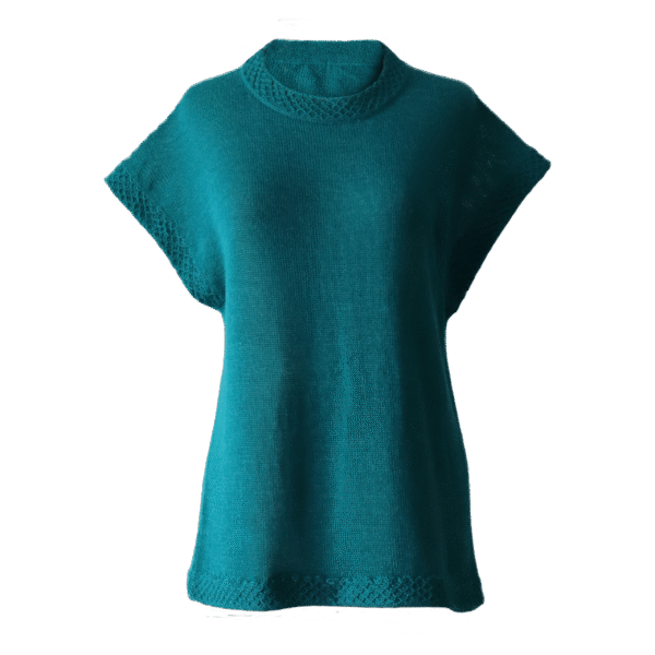 pflknitwear.com women's spencer baby alpaca 100%, hand knitted short sleeve sweater. color teal turquoise.