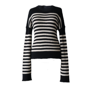 pflknitwear.com Women's sweater striped, 2 color design with crew neck, hand machine or industrial knitted.