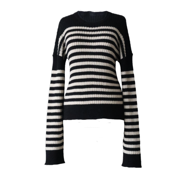 pflknitwear.com Women's sweater striped, 2 color design with crew neck, hand machine or industrial knitted.