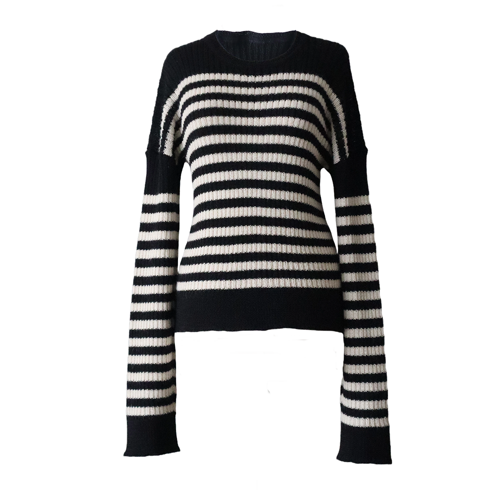 pflknitwear.com Women's sweater striped, 2 color design with crew neck, hand machine or industrial knitted. pflknitwear.com Women's sweater striped, 2 color design with crew neck, hand machine or industrial knitted.