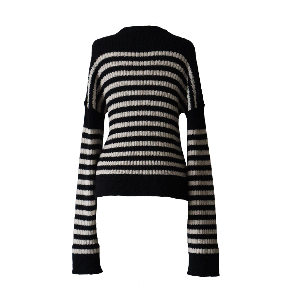pflknitwear.com Women's sweater striped, 2 color design with crew neck, hand machine or industrial knitted. pflknitwear.com Women's sweater striped, 2 color design with crew neck, hand machine or industrial knitted.