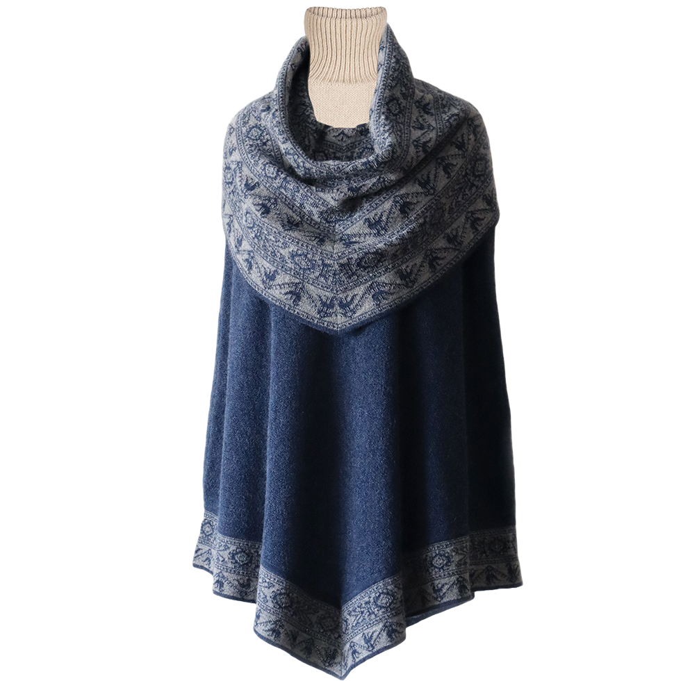 pflknitwear.com Poncho baby alpaca 100%, with big cowl collar jeans bleu with light gray ethnic pattern. baby alpaca cape. pflknitwear.com Poncho baby alpaca 100%, with big cowl collar jeans bleu with light gray ethnic pattern. baby alpaca cape.