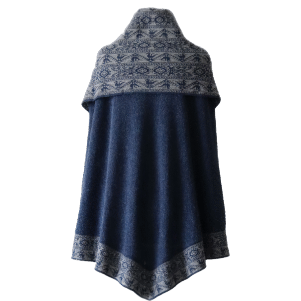 pflknitwear.com Poncho baby alpaca 100%, with big cowl collar jeans bleu with light gray ethnic pattern. baby alpaca cape.