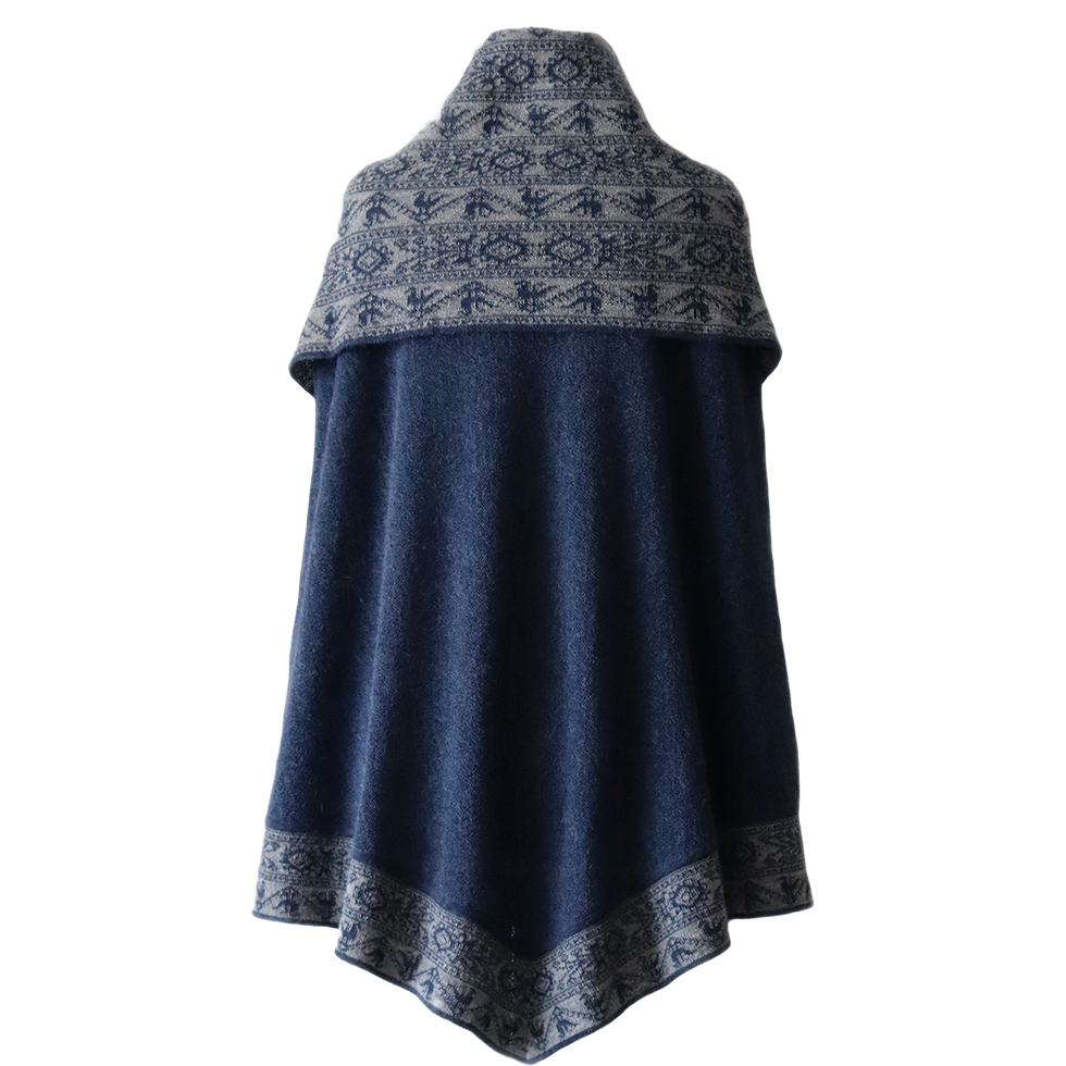 pflknitwear.com Poncho baby alpaca 100%, with big cowl collar jeans bleu with light gray ethnic pattern. baby alpaca cape. pflknitwear.com Poncho baby alpaca 100%, with big cowl collar jeans bleu with light gray ethnic pattern. baby alpaca cape.