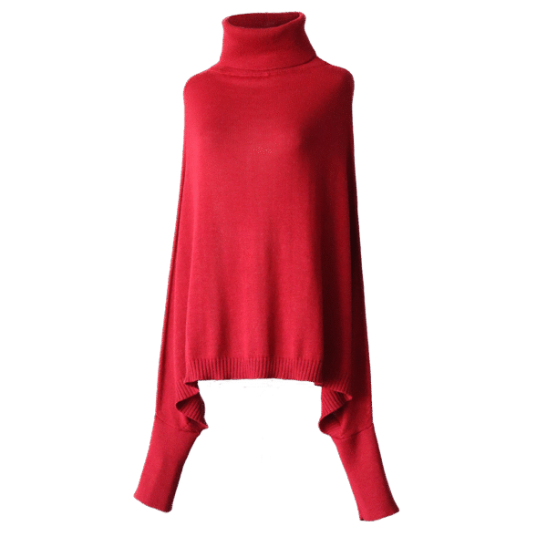 pflknitwear.com Poncho with sleeves, with turtle neck, 100% royal alpaca color red.