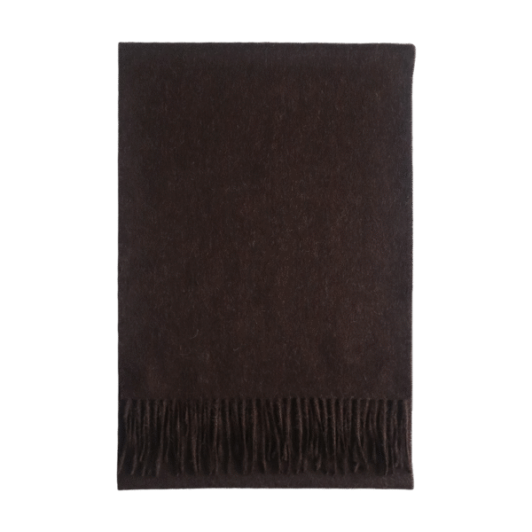 pflknitwear.com Unisex royal alpaca scarf, solid color chocolate brown with fringes.