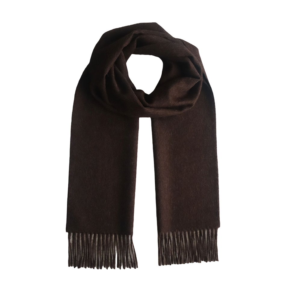 pflknitwear.com Unisex royal alpaca scarf, solid color chocolate brown with fringes. pflknitwear.com Unisex royal alpaca scarf, solid color chocolate brown with fringes.