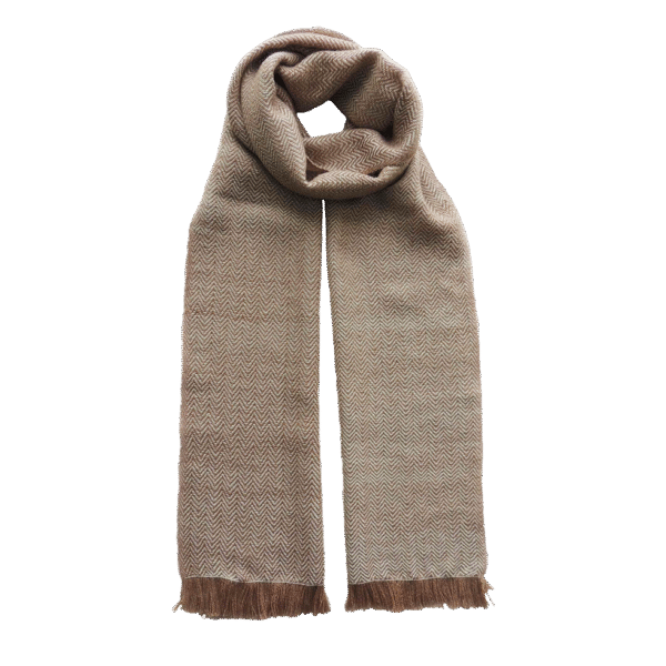 pflknitwear.com Men scarf, hand woven scarf with herringbone pattern and short fringes, camel / creme white