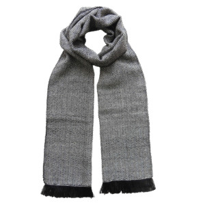 pflknitwear.com Men scarf, hand woven scarf with herringbone pattern and short fringes, navy blue / creme white