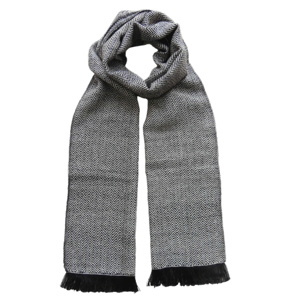 pflknitwear.com Men scarf, hand woven scarf with herringbone pattern and short fringes, navy blue / creme white