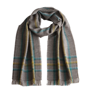 pflknitwear.com Unisex scarf, 100% baby alpaca woven scarf, creme-brown pattern with multi color stripes