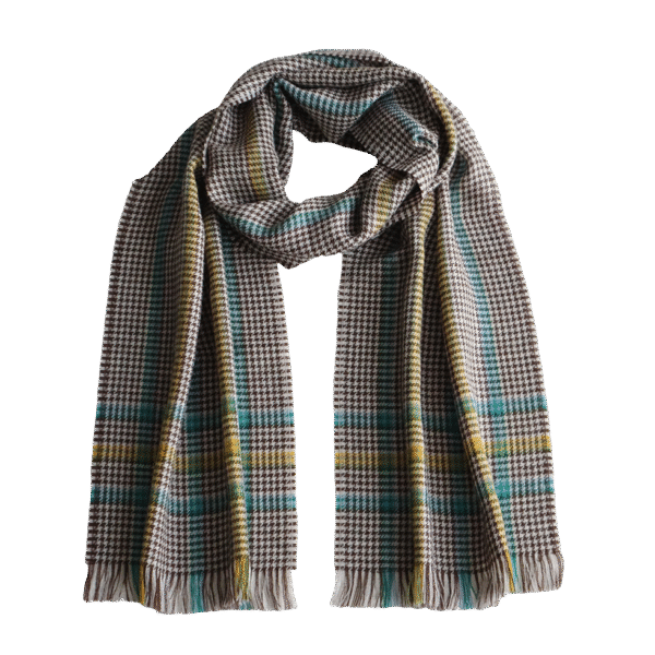 pflknitwear.com Unisex scarf, 100% baby alpaca woven scarf, creme-brown pattern with multi color stripes