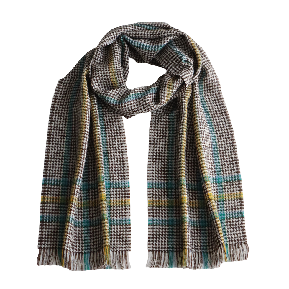 pflknitwear.com Unisex scarf, 100% baby alpaca woven scarf, creme-brown pattern with multi color stripes pflknitwear.com Unisex scarf, 100% baby alpaca woven scarf, creme-brown pattern with multi color stripes