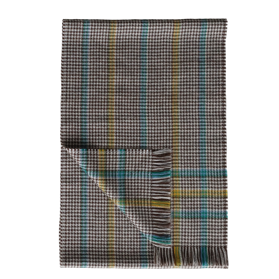pflknitwear.com Unisex scarf, 100% baby alpaca woven scarf, creme-brown pattern with multi color stripes pflknitwear.com Unisex scarf, 100% baby alpaca woven scarf, creme-brown pattern with multi color stripes