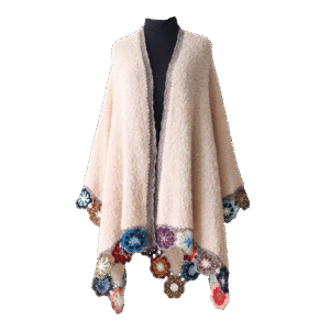 Women's wrap - ruana, alpaca boucle, color taupe with crocheted colorful flower edge, hand knitted. Made in Peru by PFL knitwear