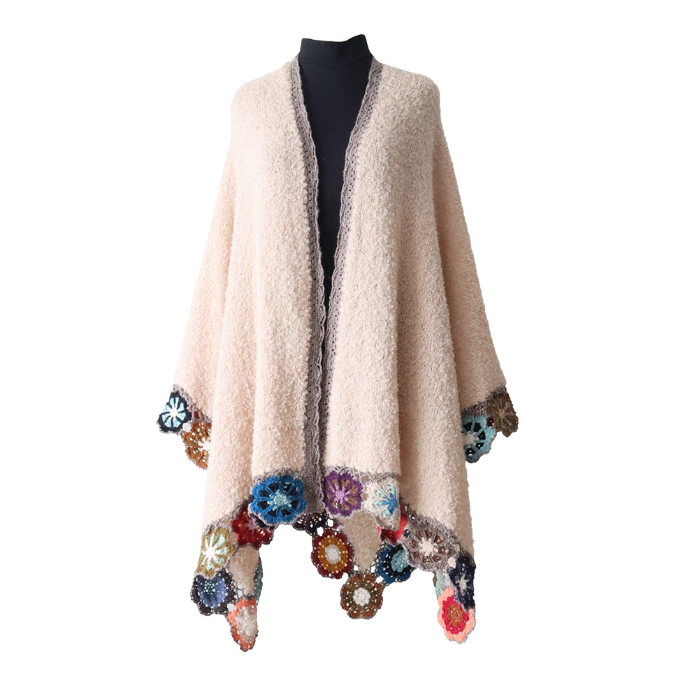 Women's wrap - ruana, alpaca boucle, color taupe with crocheted colorful flower edge, hand knitted. Made in Peru by PFL knitwear Women's wrap - ruana, alpaca boucle, color taupe with crocheted colorful flower edge, hand knitted. Made in Peru by PFL knitwear