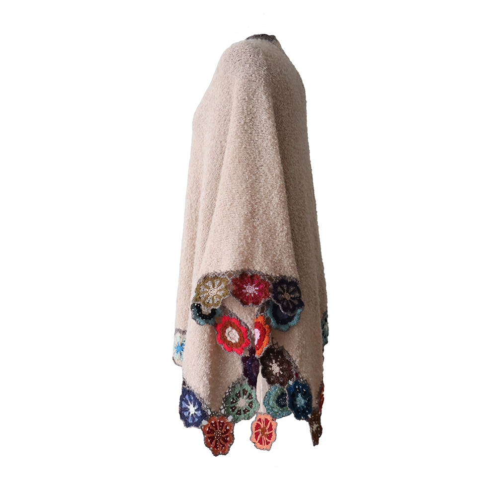 Women's wrap - ruana, alpaca boucle, color taupe with crocheted colorful flower edge, hand knitted. Made in Peru by PFL knitwear Women's wrap - ruana, alpaca boucle, color taupe with crocheted colorful flower edge, hand knitted. Made in Peru by PFL knitwear