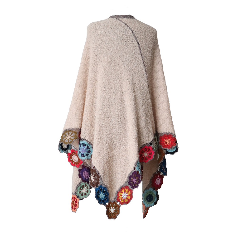 Women's wrap - ruana, alpaca boucle, color taupe with crocheted colorful flower edge, hand knitted. Made in Peru by PFL knitwear Women's wrap - ruana, alpaca boucle, color taupe with crocheted colorful flower edge, hand knitted. Made in Peru by PFL knitwear
