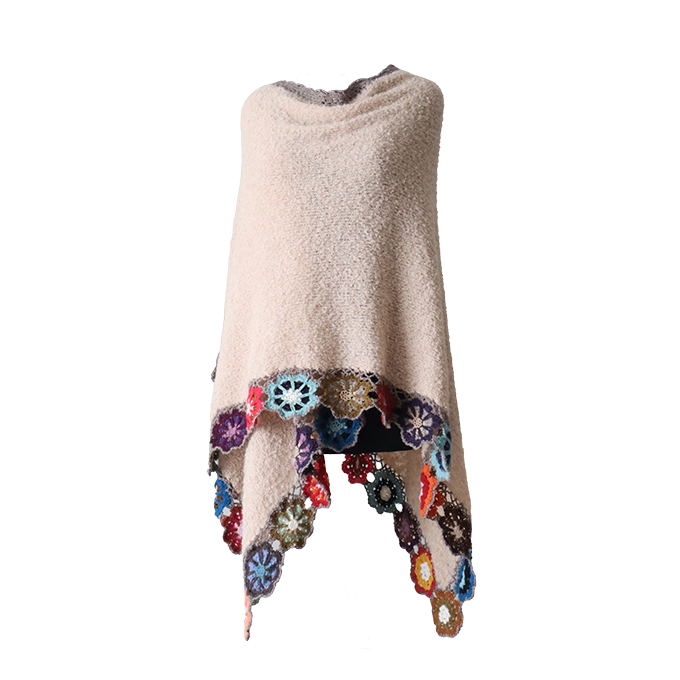 Women's wrap - ruana, alpaca boucle, color taupe with crocheted colorful flower edge, hand knitted. Made in Peru by PFL knitwear Women's wrap - ruana, alpaca boucle, color taupe with crocheted colorful flower edge, hand knitted. Made in Peru by PFL knitwear