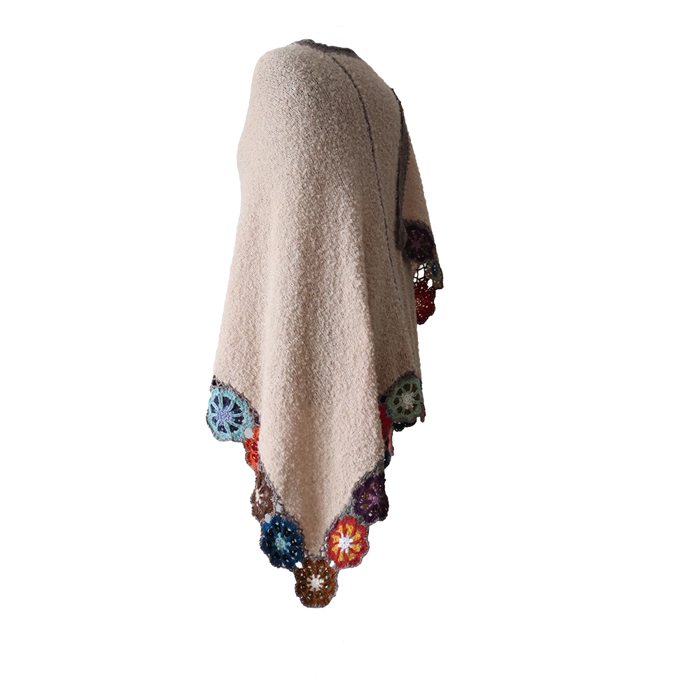 Women's wrap - ruana, alpaca boucle, color taupe with crocheted colorful flower edge, hand knitted. Made in Peru by PFL knitwear Women's wrap - ruana, alpaca boucle, color taupe with crocheted colorful flower edge, hand knitted. Made in Peru by PFL knitwear